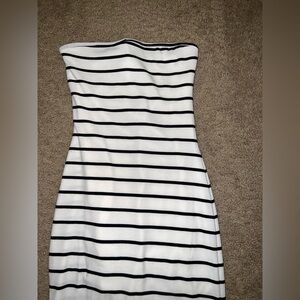 Black and White Striped Strapless Dress